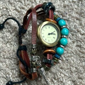 Women’s vintage boho‎ bracelet watch with beads color: tan/maroon/turquoise/gold